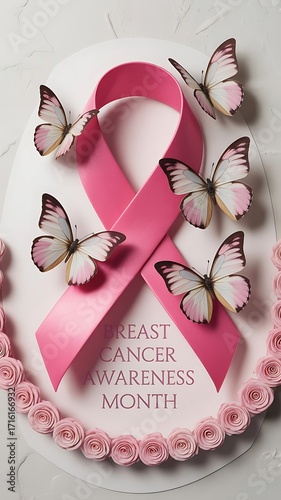 Pink ribbon surrounded by butterflies and roses for breast cancer awareness