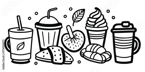 Whimsical hand drawn coffee shop treats and drinks collection for cafe lovers