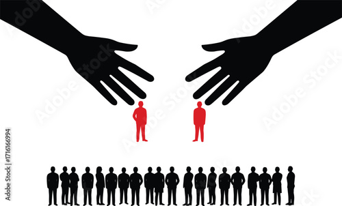 Human selection concept, recruitment process, individuality, standout candidate, diversity hiring, choosing talent, leadership decision, job interview, 