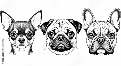Detailed pen and ink portraits of Chihuahua, Pug, and French Bulldog faces for pet lovers