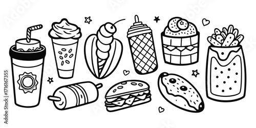 Hand-drawn fast food and drink collection outline style artistic food items