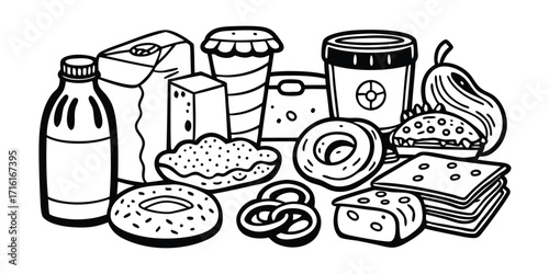Assortment of delicious breakfast foods and drinks sketch food variety dairy and bakery items
