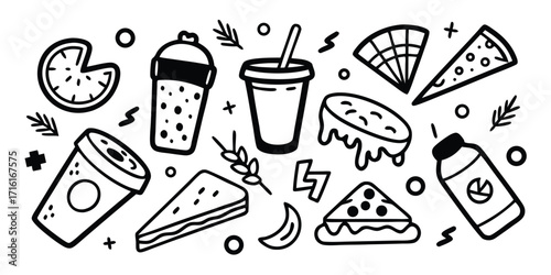 Doodle style fast food and drink collection for a quick meal or snack break