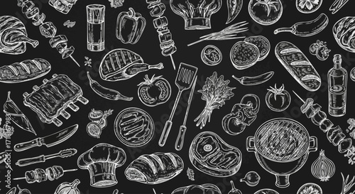 Delicious barbecue and grilling essentials sketched on chalkboard for culinary inspiration