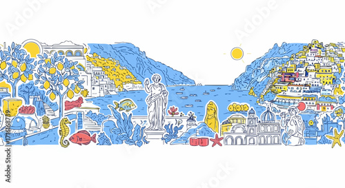 Vibrant Italian coastal town scene with lemon trees, ancient statues, and sparkling sea