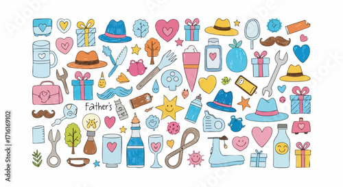 Celebrate Dad with a vibrant collection of Father's Day doodles, gifts, hats, and tools for joyful design