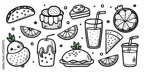 Whimsical doodle collection of sweet treats drinks and savory snacks fun food art