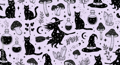 Whimsical witchy pattern with black cats, mushrooms, crystal, and celestial magic