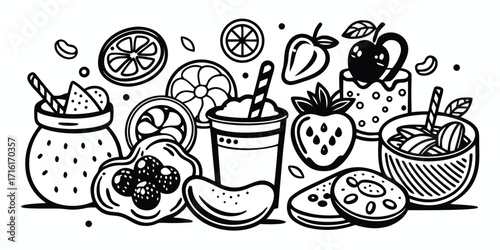 Delicious summer fruits and drinks hand drawn style sketch delicious desserts and beverages