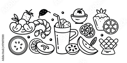 Whimsical hand drawn assortment of fruits desserts and drinks outline art