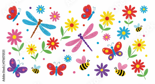 Vibrant spring garden scene with colorful butterflies dragonflies bees and flowers perfect for children's projects