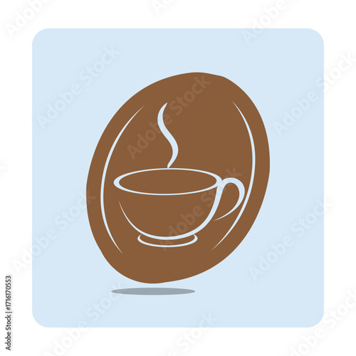 Coffee Vector art of a simple, stylized illustration of a steaming cup of coffee inside a coffee bean shape, set against a light blue square background with rounded corners the design is minimalist 