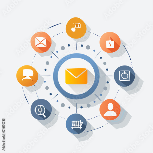 Centralized communication hub with interconnected icons representing various digital services and social media platforms