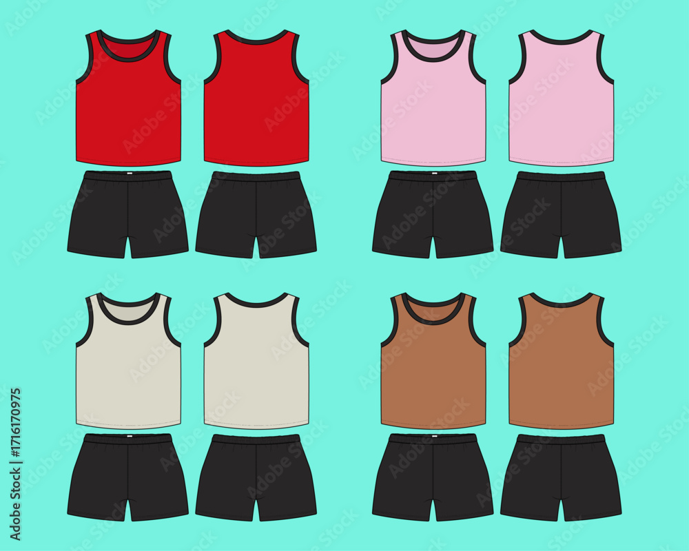 Φωτογραφία Baby Kids Sleeveless Crew Neck Tank Top and Shorts Colorway Set Flat Sketch Outline Vector Fashion Illustration Template