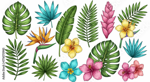 Vibrant tropical flowers and leaves set, perfect for creating stunning summer designs