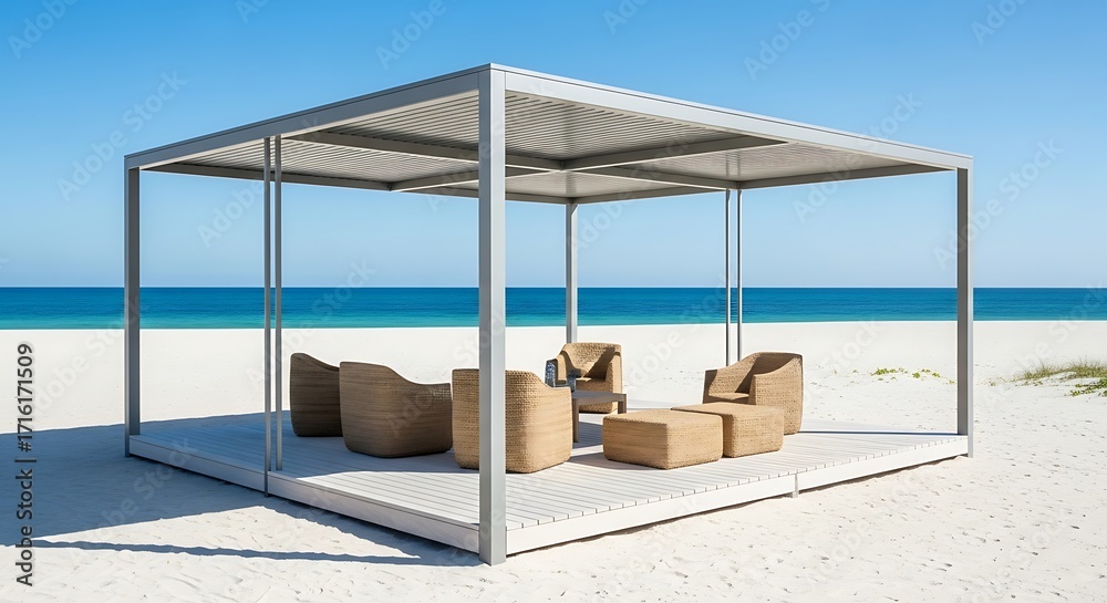 Obraz premium Modern Beach Lounge - Minimalist Structure with Ocean View and Seating.