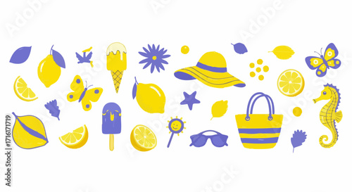 Fresh summer collection with yellow lemons, blue butterflies, and beach accessories creating a vibrant happy mood