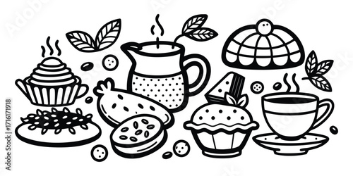 Artistic sketch of sweet desserts coffee tea and pastries with fresh mint leaves