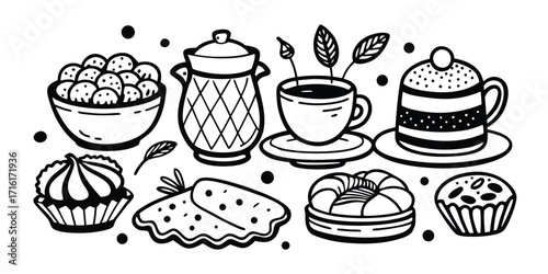Delicious desserts and beverages hand-drawn style collection for your next project