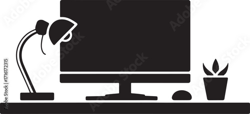 Modern Computer Desk Setup Vector Illustration with Lamp, Monitor, Mouse, and Plant Pot