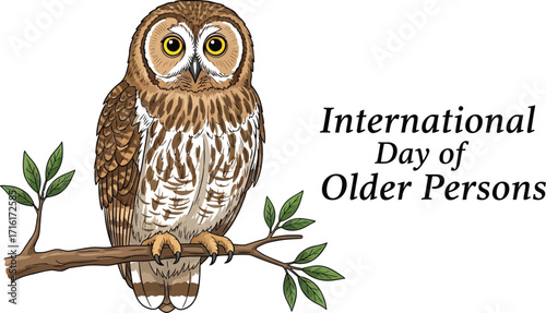 Vector art of owl perched on branch with text International Day of Older Persons