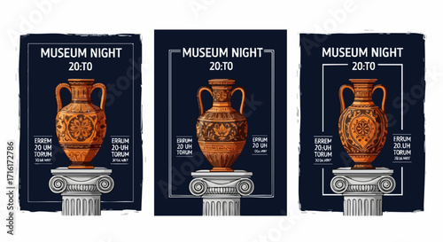 Elegant museum night posters featuring ancient vases on classic columns for cultural event promotion