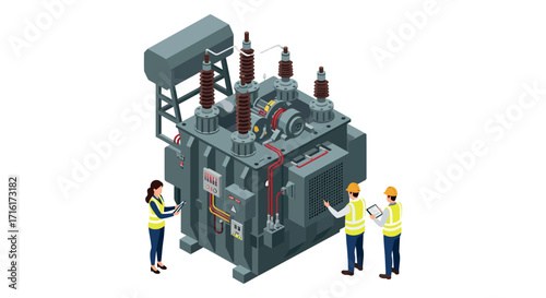 Engineers inspecting industrial transformer for power supply management and safety vector illustration