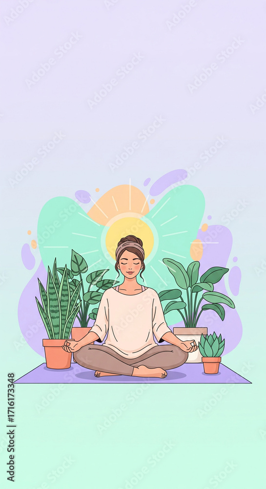 Fototapeta premium Pastel Vector Illustration of Woman Meditating in Lotus Pose with Plants and Sun, Modern Flat Wellness Design