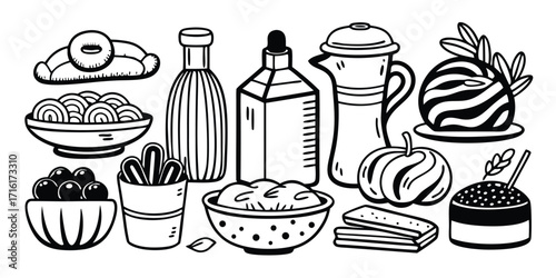 Whimsical doodle collection of food items and kitchen essentials black and white line art
