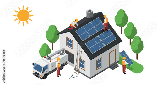 Solar panel installation on eco friendly house with team of workers and tree surroundings vector illustration