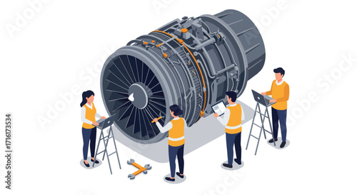 Engineering team working on jet engine for maintenance and analysis project vector illustration