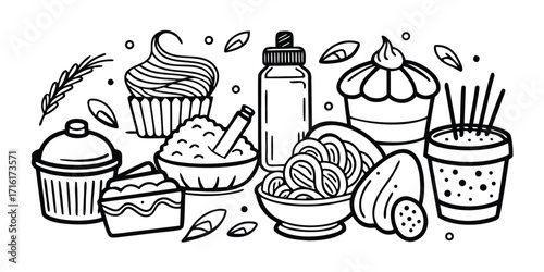 Delicious desserts and sweet treats collection hand drawn sketch style food art