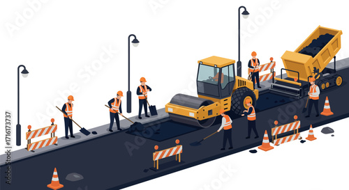 Road construction scene with workers and machinery for urban development concept vector illustration