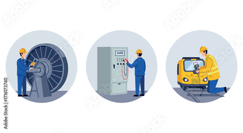 Industrial workers operating machinery and equipment for train maintenance and control system operations vector illustration