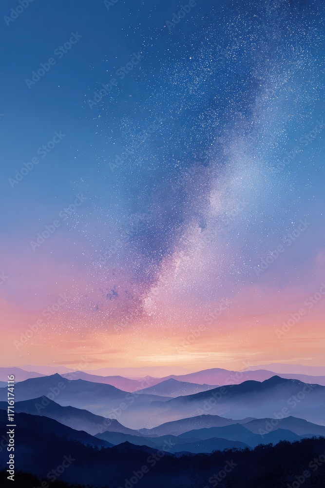 Obraz premium Serene twilight panorama showcasing a vibrant, swirling Milky Way galaxy above a misty, layered mountain range