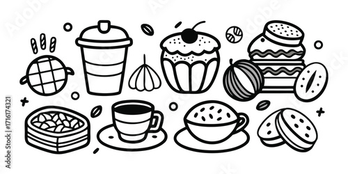 Doodle art of assorted pastries coffee cups and drinks for a delightful snack assortment