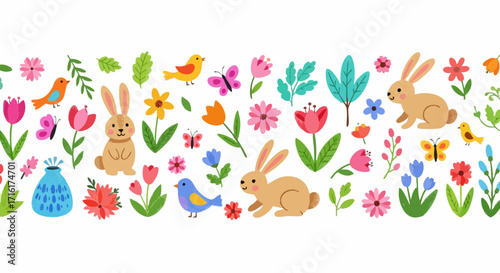 Adorable Easter bunnies, colorful flowers, and cheerful birds create a joyful spring scene