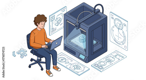 Young engineer designing with 3d printer and laptop in futuristic workshop setting vector illustration