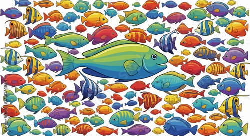 Vibrant school of colorful cartoon fish swimming joyfully in clear blue ocean waters