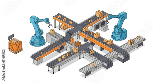 Automated industrial robotics on conveyor system for efficient packaging and logistics isometric style vector illustration