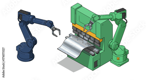 Industrial robotic arms in metal bending process for manufacturing automation isometric style vector illustration