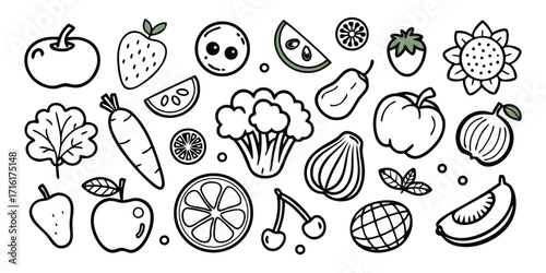 Whimsical hand drawn fruits and vegetables collection for creative projects