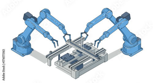 Robotic arms in industrial automation setup for efficient manufacturing processes isometric style vector illustration