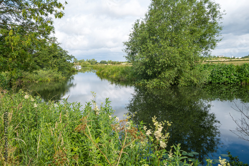 Canal scene in summer with lush vegetation and calm water