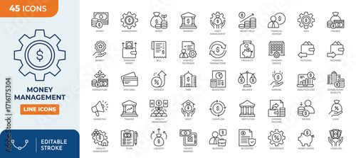 Money Management line editable icon set. Containing money management, budgeting, expense, finance, saving, income, and more. Editable Stroke. Vector illustration