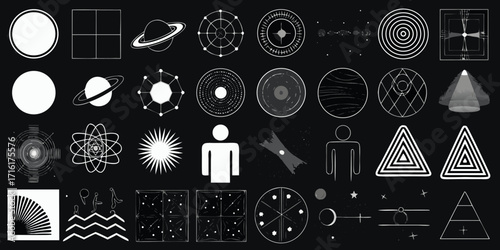 Collection of abstract geometric shapes and cosmic elements on a dark background