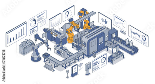 Automated factory with industrial robots and digital interfaces for data management isometric style vector illustration