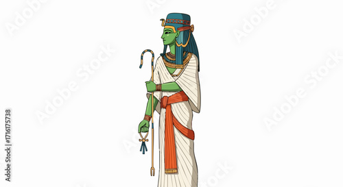 Ancient Egyptian god Osiris illustration holding crook and flail, ideal for history projects and cultural studies