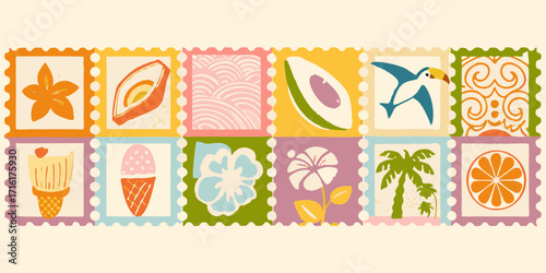 A vibrant collection of stylized postage stamps featuring tropical fruits flowers birds and desserts