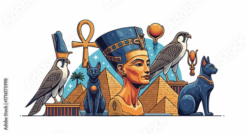 Discover ancient Egypt with iconic symbols pharaoh queen cats falcons pyramids ankh hieroglyphs